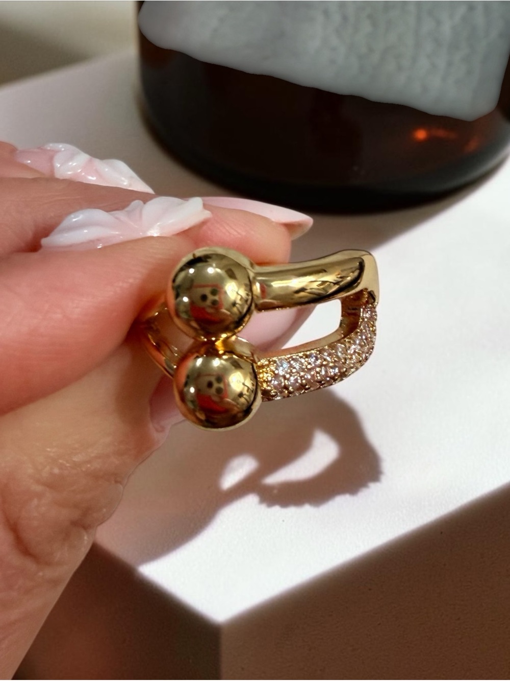 Gold Toned U Shape Link Adjustable Ring with pave accent | NEW